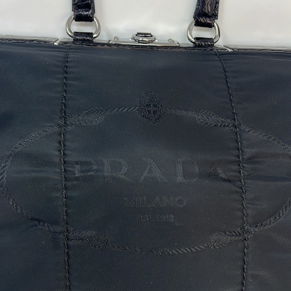 PRADA BLACK NYLON JACQUARD CROCODILE TRIM LARGE SHOPPING SHOULDER BAG - Picture 6 of 16